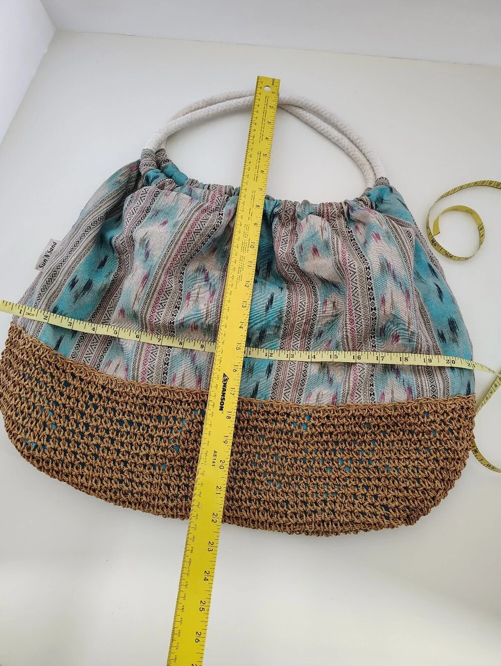 Sun 'N' Sand Boho Ikat Straw Tote Bag Large Turquoise Hobo Rope Handle Beach